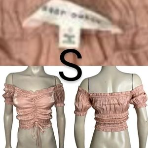 🆕Pink Satin Silky Ruched Off Shoulder Crop Top Blouse~Size S